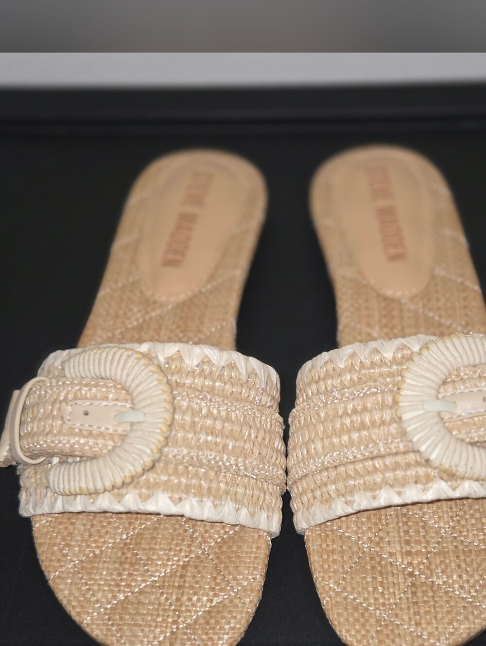 Steve Madden Natural Woven Slide Sandals with Round Buckle